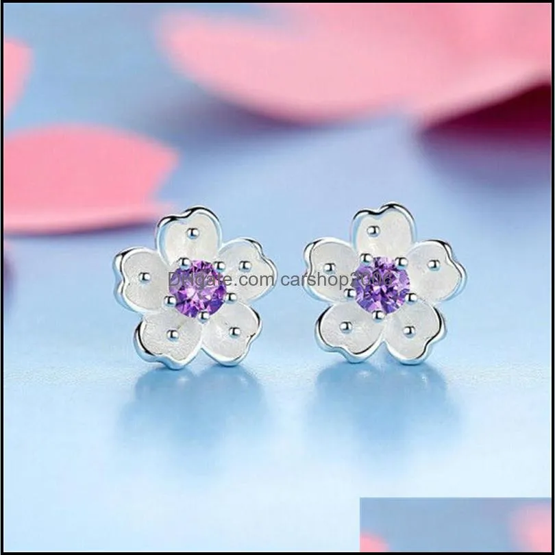 wedding bridal jewelry sets silver plated purple pink crystal cherry blossoms flower necklaces earrings rings for women