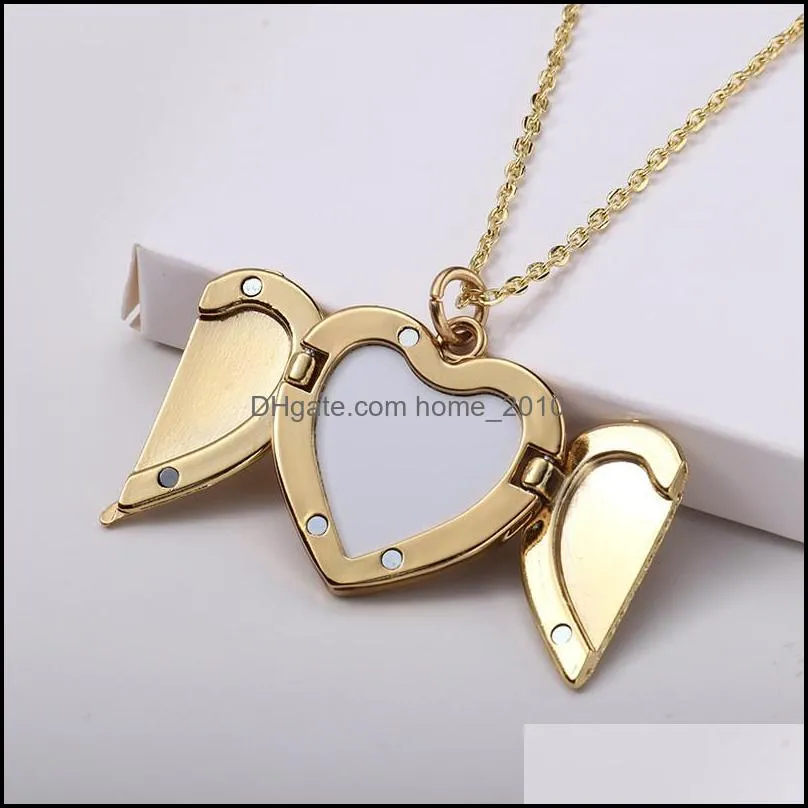 sublimation blanks necklace decorations locket fashion angel wings transfer printing heart shape consumables for diy jewelry making p o pendant