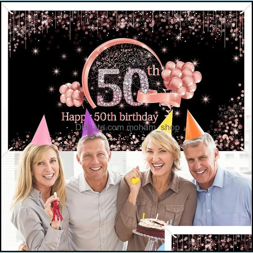 50th birthday banner decorations backdrop decor rose gold happy sign poster po booth props