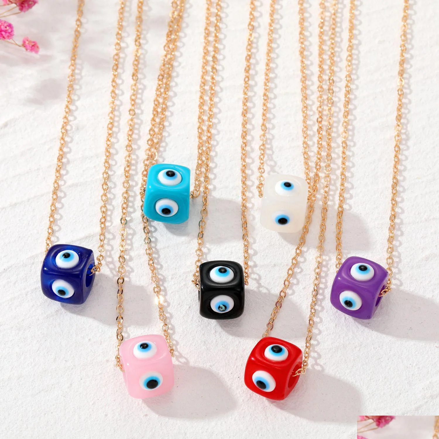 resin square evil eye bead pendant necklaces for women blue eyes necklace
