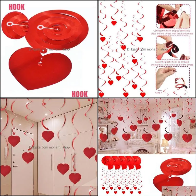 12/24pcs/lot red love heart ceiling hanging swirl wedding ornaments room supplies garland