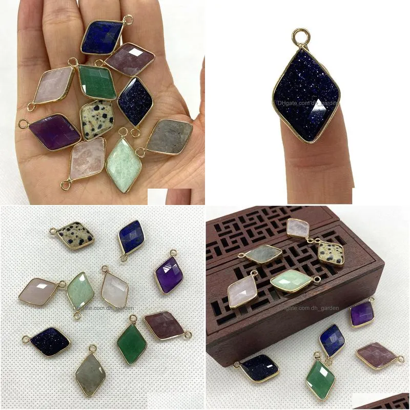15x25mm natural crystal stone rhombus charms green blue rose quartz pendants gold edge trendy for necklace earrings jewelry making