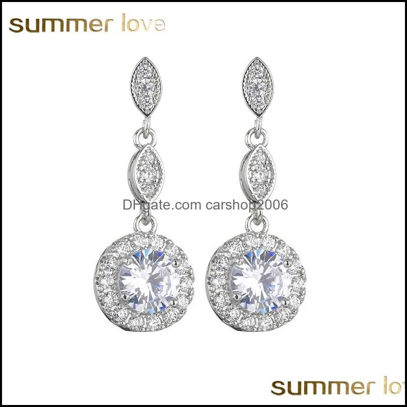 fashion round drop shaped earrings with cubic zirconia 925 sterling silver needle long dangle earrings wedding jewelry for women girls