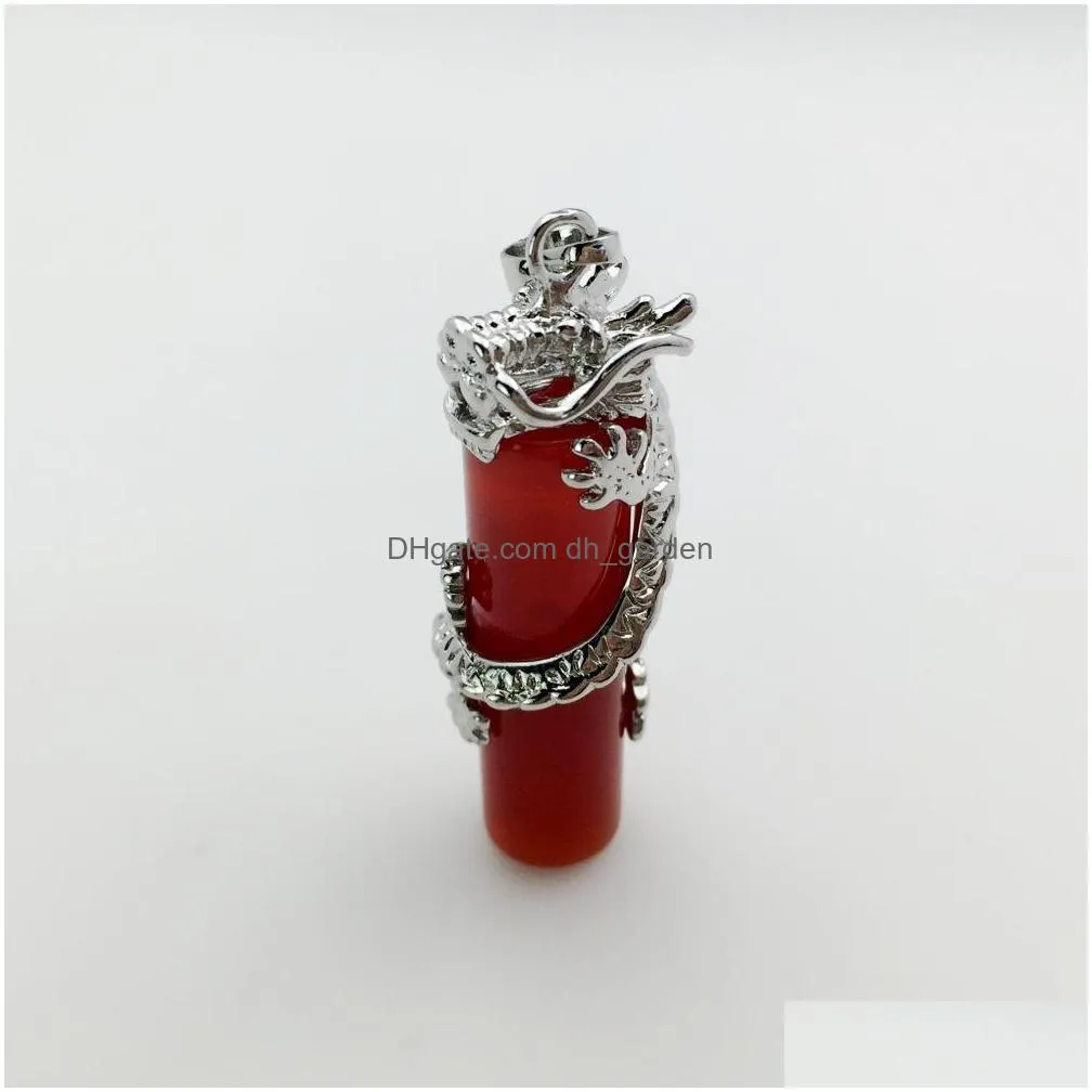 natural crystal dragon holding cylindrical shape chakra stone charms rose quartz pendants for jewelry accessories diy making wholesale