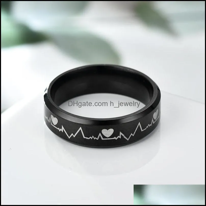 personalized stainless steel band rings high polishing black heartbeat ecg design rings for men wedding gifts 512