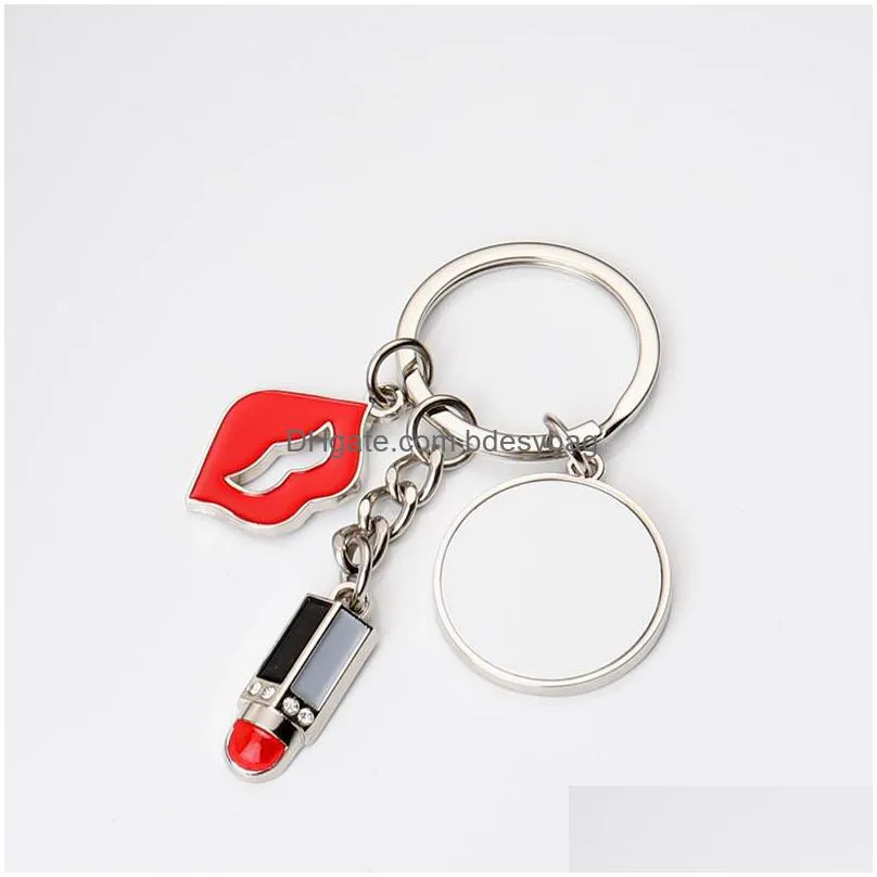 diy sublimation blank keychains red lip lipstick heart round alloy silver plated designer keychain for woman wallet handbag carabiner keychains car key rings