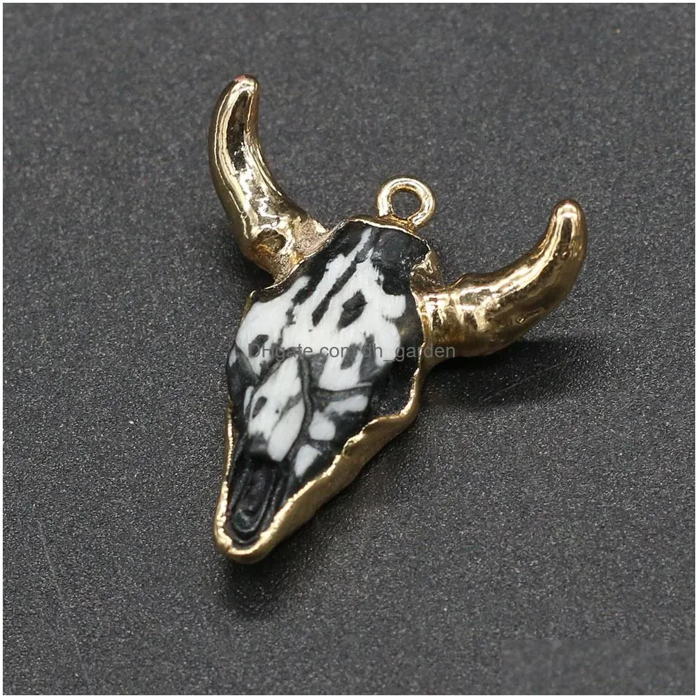 semiprecious stone acrylic ox cow bones head shape charms pendant finding for diy necklaces men punk women fashion jewelry 26x30mm