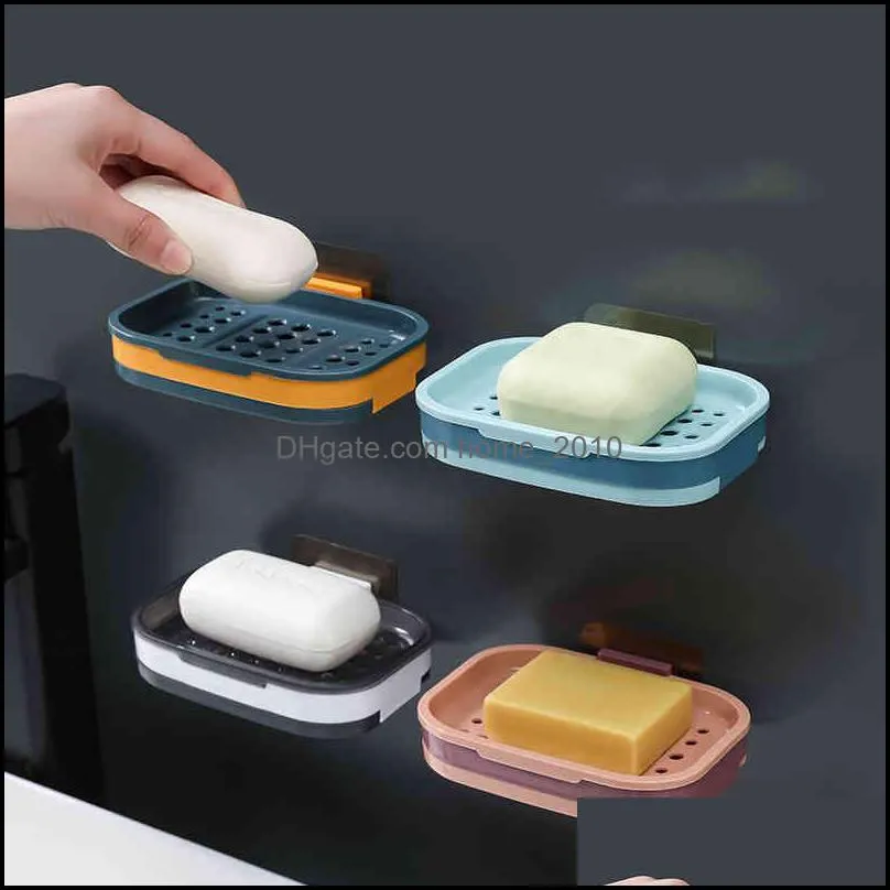 bathroom storage double layer drain wallmounted soap box plastic four colors waterproof leak proof sealed boxs portable soaps dish