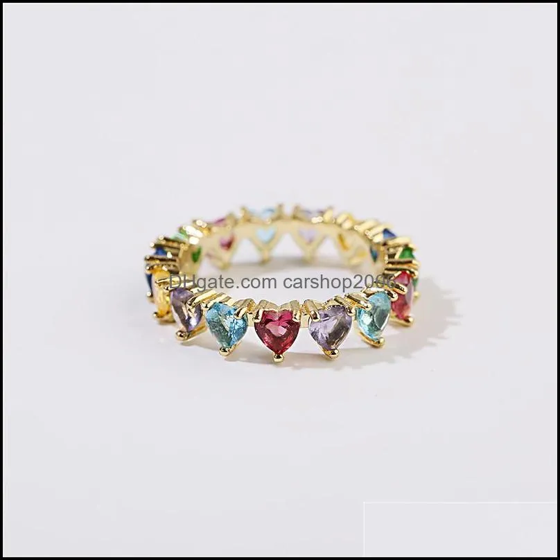 fashion rainbow heart baguette rings eternity trendy engagement wedding stack ring for women lovely heart crystal rings jewelry gift