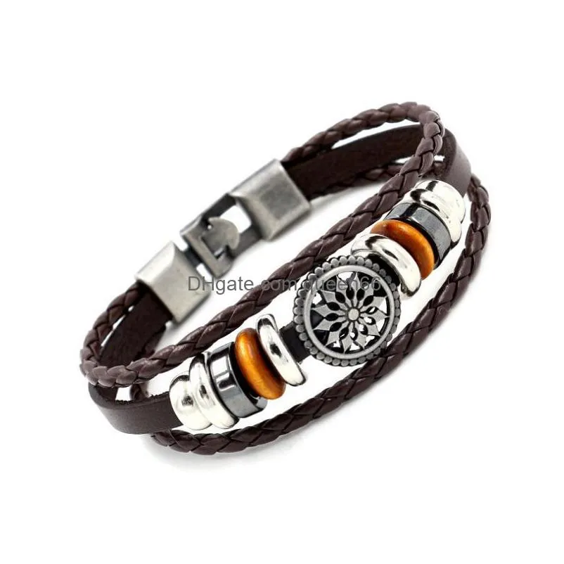 fashion jewelry men leather cord handmade woven bracelet vintage beads charms bracelet leather bracelets