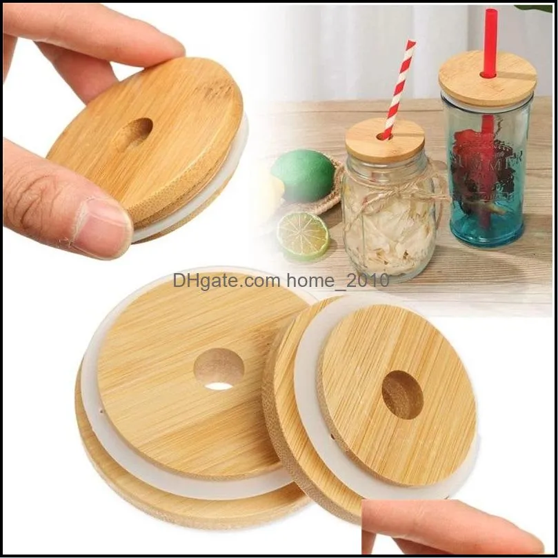 bamboo cap lid reusable wooden mason jar lids 70mm 86mm with straw hole and silicone seal drinkware for canning drinking jars top