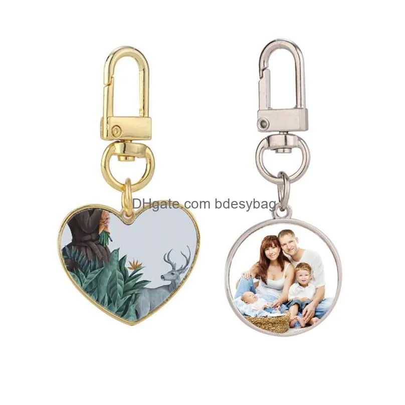 thermal transter diy sublimation blank heart round keychains gold keychain photo frame keyring silver plated alloy car key ring souvenir accessories lovers