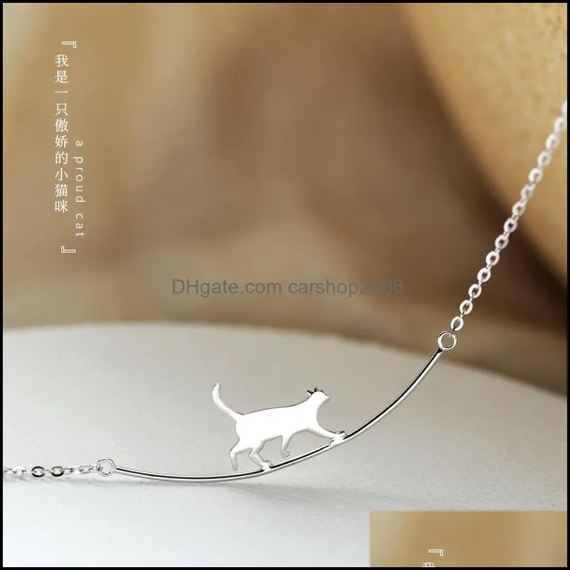 fashion 925 silver plating chain necklace clavicle chain cute curved animal walking cat necklaces