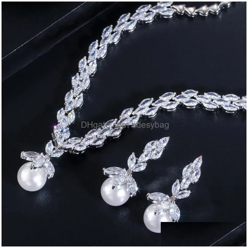 fashion 2pcs/set bridal jewelry set shell pearl necklace earring african jewelry sets white aaa zirconia woman wedding bridesmaid diamond earrings necklaces