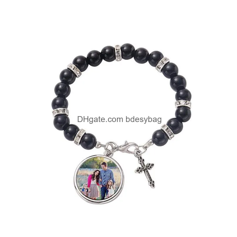 fashion sublimation blank diy round charm beaded cross bracelet transfer printing love mens bracelet for woman thanksgiving valentines day souvenir family