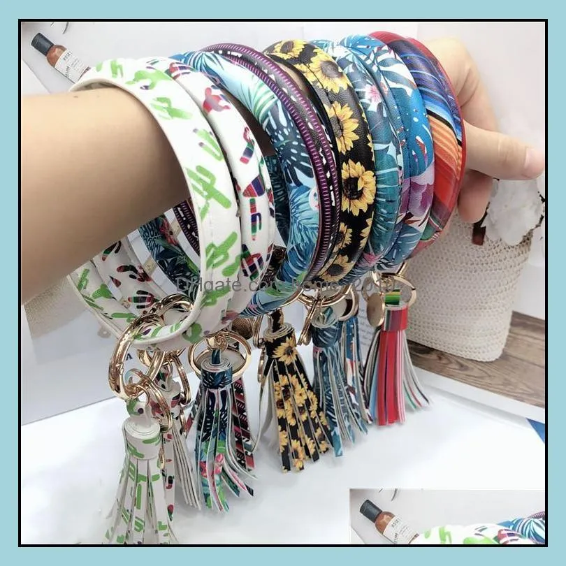 leopard leather bracelet keychain pu wrist round tassel pendant party wristbands bangle floral keychain rings women girl hands 