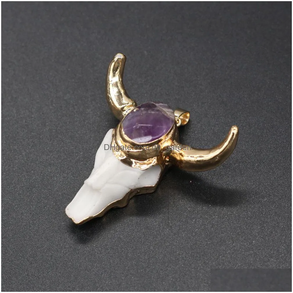 gold ox cow bones head shape quartz healing reiki stone charms crystal pendant finding for diy necklaces women fashion jewelry 46x46mm