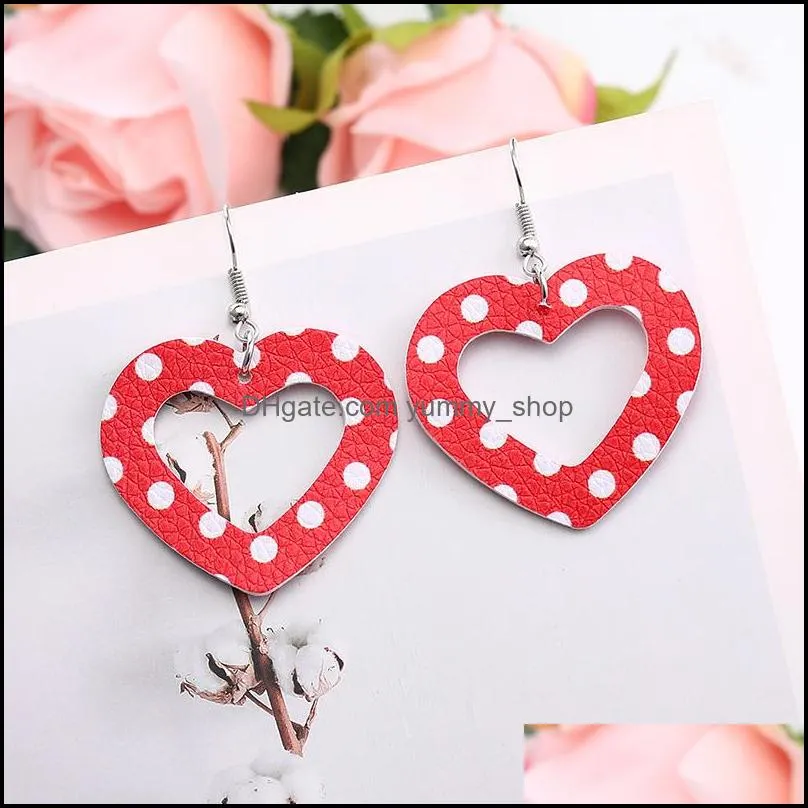 red heart hollow design drop earrings faux leather angel print double side light weight dangle earring geometric statement jewelry