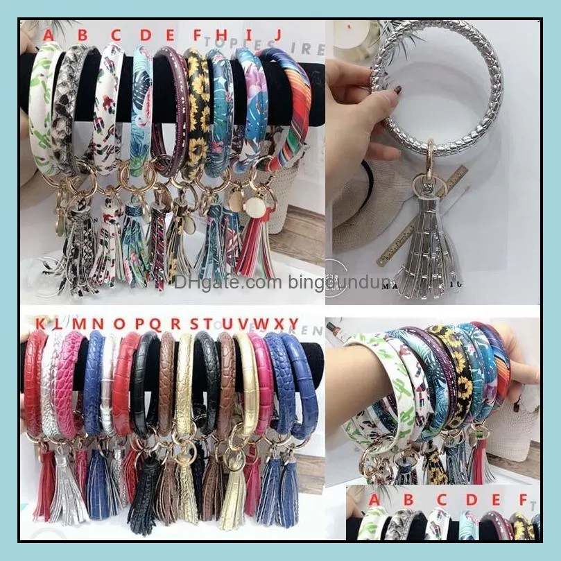 women pu leather wrap tassels bracelets key ring party floral leopard print keychain wristband sunflower drip oil bangle bracelet bangle