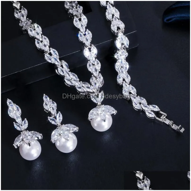 fashion 2pcs/set bridal jewelry set shell pearl necklace earring african jewelry sets white aaa zirconia woman wedding bridesmaid diamond earrings necklaces