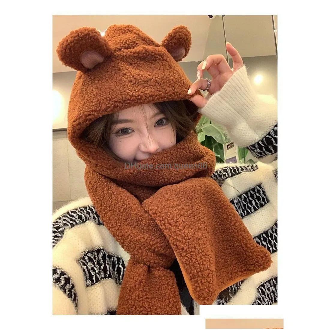 winter cute bear hat scarf pocket wholeness womens students thick earmuff neck warm faux fur plush caps hat scarf