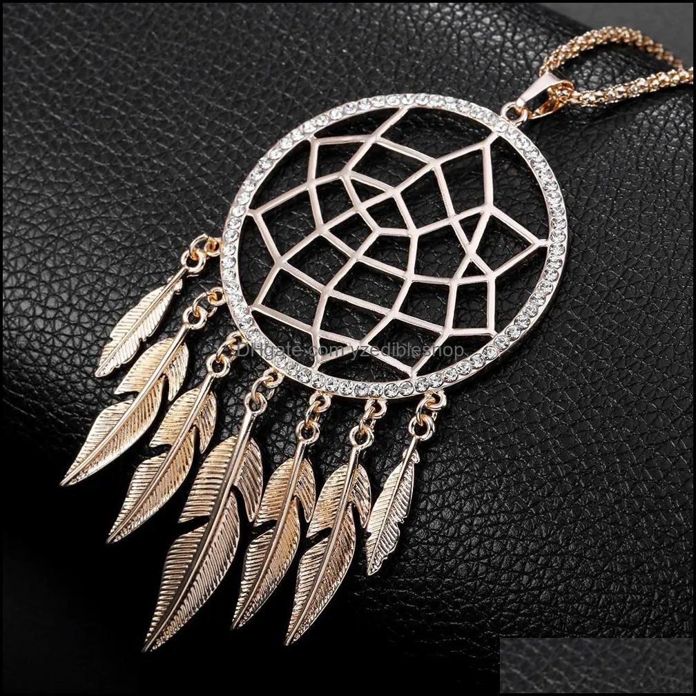 long tassel leaf feather necklace hollow jewelry dream catcher pendant gold color necklace for women gift