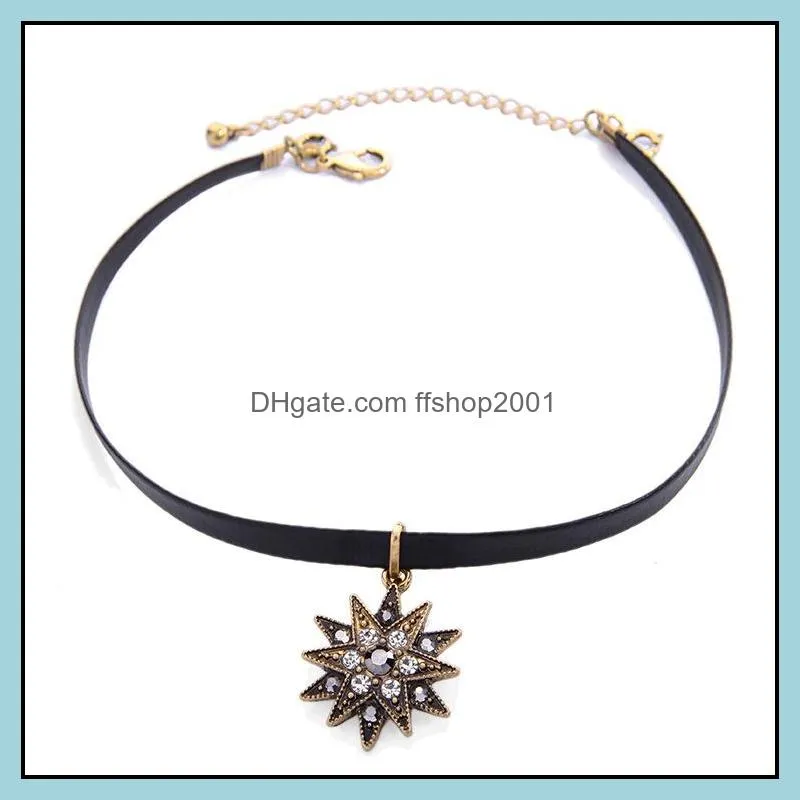 vintage rhinestones handmade multilayer necklace star crystal waterdrop retro boho style leather chock necklaces for women wholesale