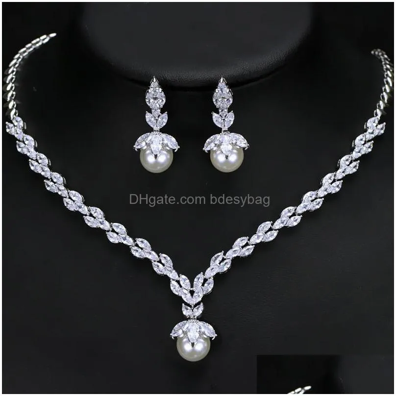 fashion 2pcs/set bridal jewelry set shell pearl necklace earring african jewelry sets white aaa zirconia woman wedding bridesmaid diamond earrings necklaces