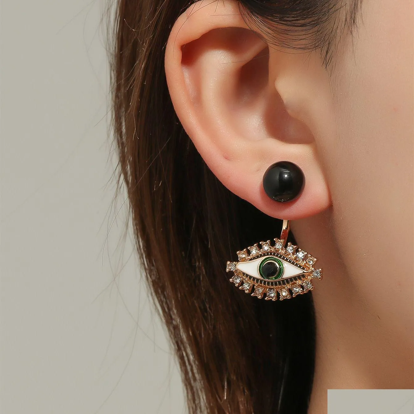 fashion jewelry evil eye stud earrings rhinestone eyes black ball earrings