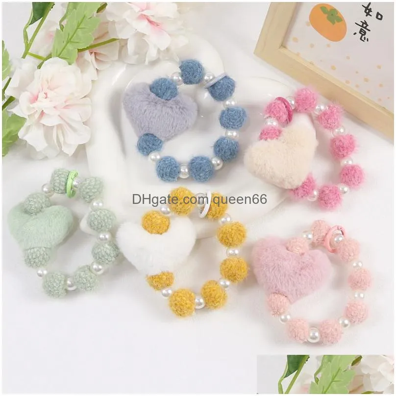 key ring winter plush love heart beaded chain bracelet headphone mobile phone case accessories faux pearl beads wristlet chains