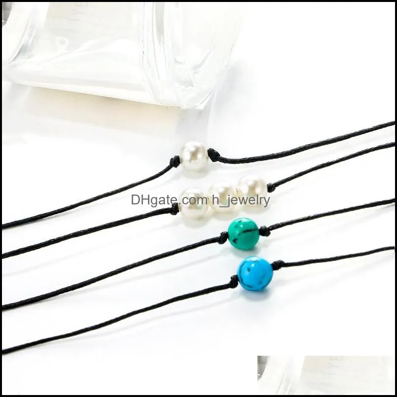 handmade turquoise stone bead anklet pearl bead wax bracelet black string rope bracelets for men women summer beach jewelry gifts
