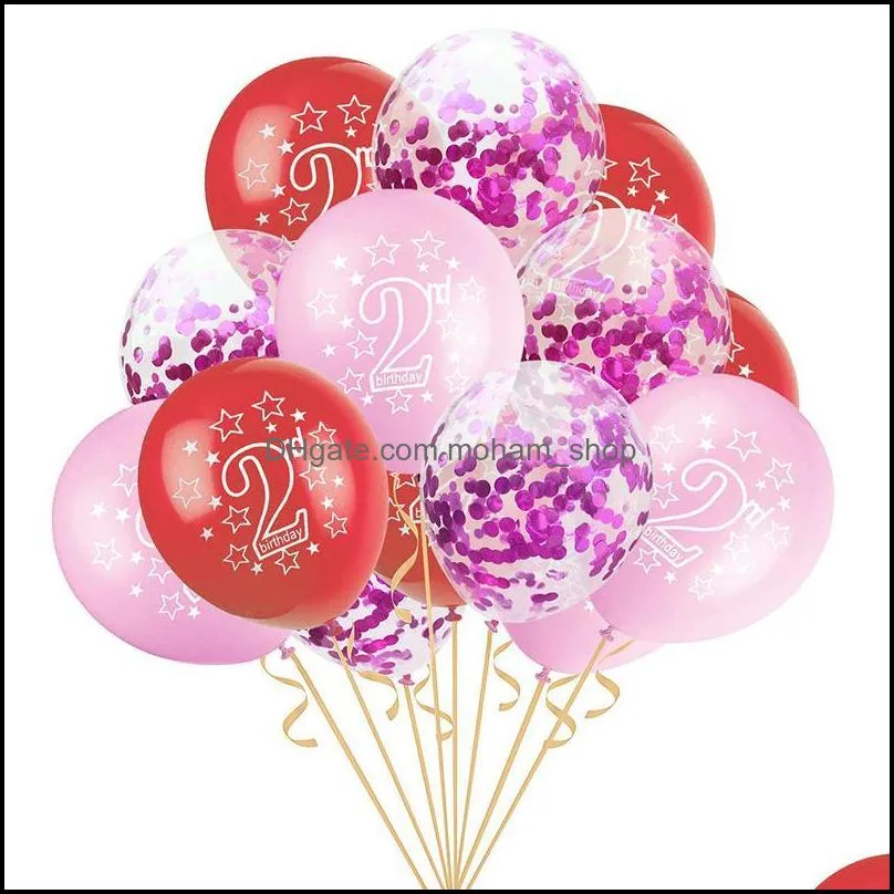 15pcs blue pink 2nd birthday latex balloons 2 year old number balloon kids happy confetti ballons