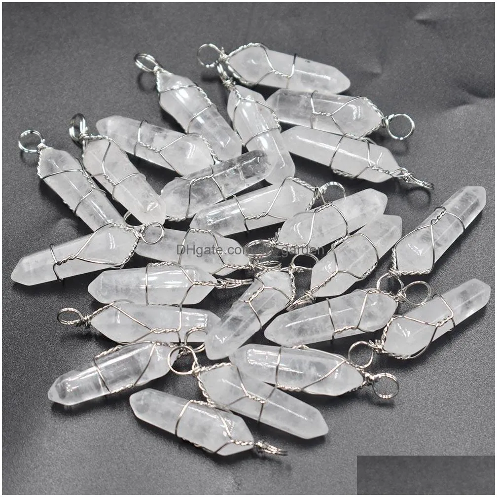 silver copper wire natural stone white crystal charms hexagonal healing reiki point pendants for jewelry making