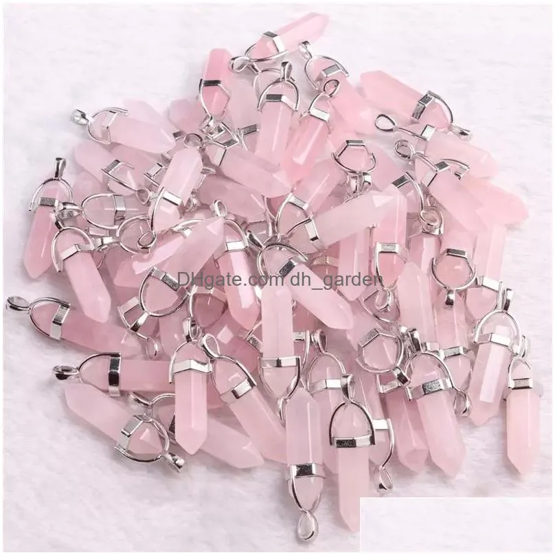 natural stone rose quartz pink crystal charms pendant assorted hexagonal column pendants for earrings necklace jewelry making