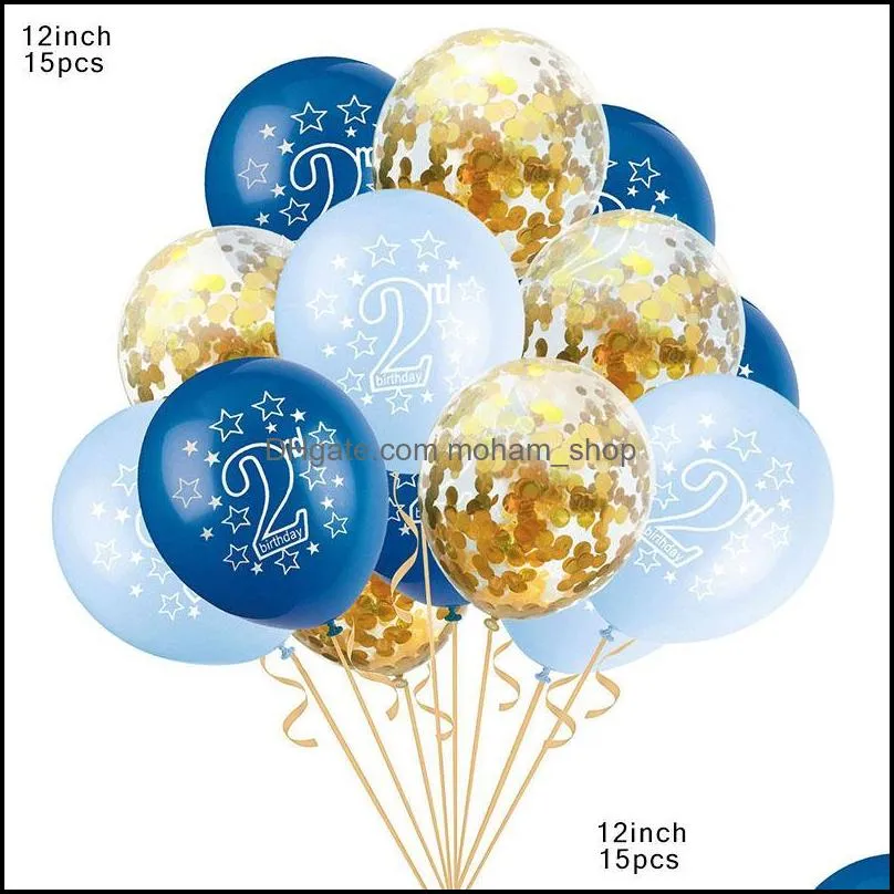 15pcs blue pink 2nd birthday latex balloons 2 year old number balloon kids happy confetti ballons