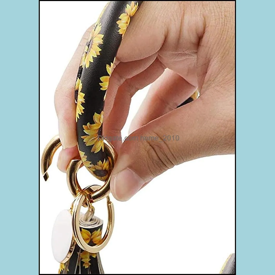 fashion women tassels bracelets bangle pu leather party wrap key ring leopard lily print keychain wristband sunflower drip oil circle keys holder chain