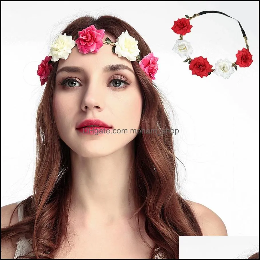 wholesale women rose headband wreath hair bows headband handmade artificial seaside flower elastic headband wedding wreath dh1087