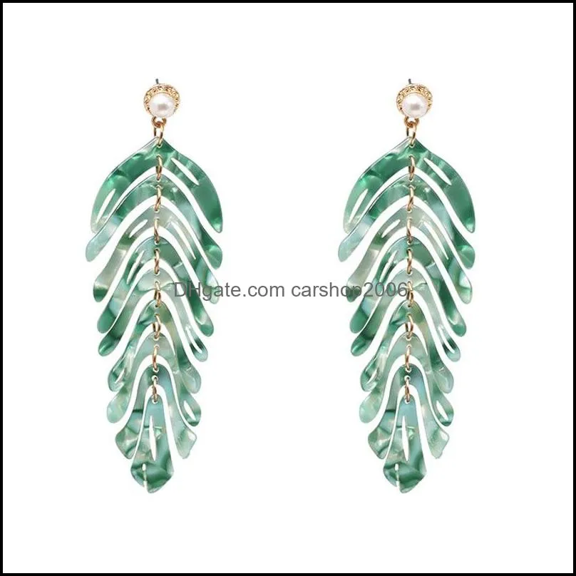  long dangle resin green leaves earrings handmade fashion acrylic dangle earrings with pearl charm for women party jewelry
