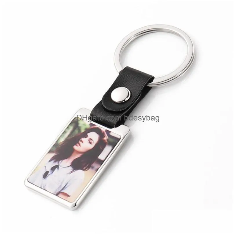 fashion thermal transter diy sublimation blank keychains leather square round oval keychain photo frame keyring silver plated alloy car key ring souvenir