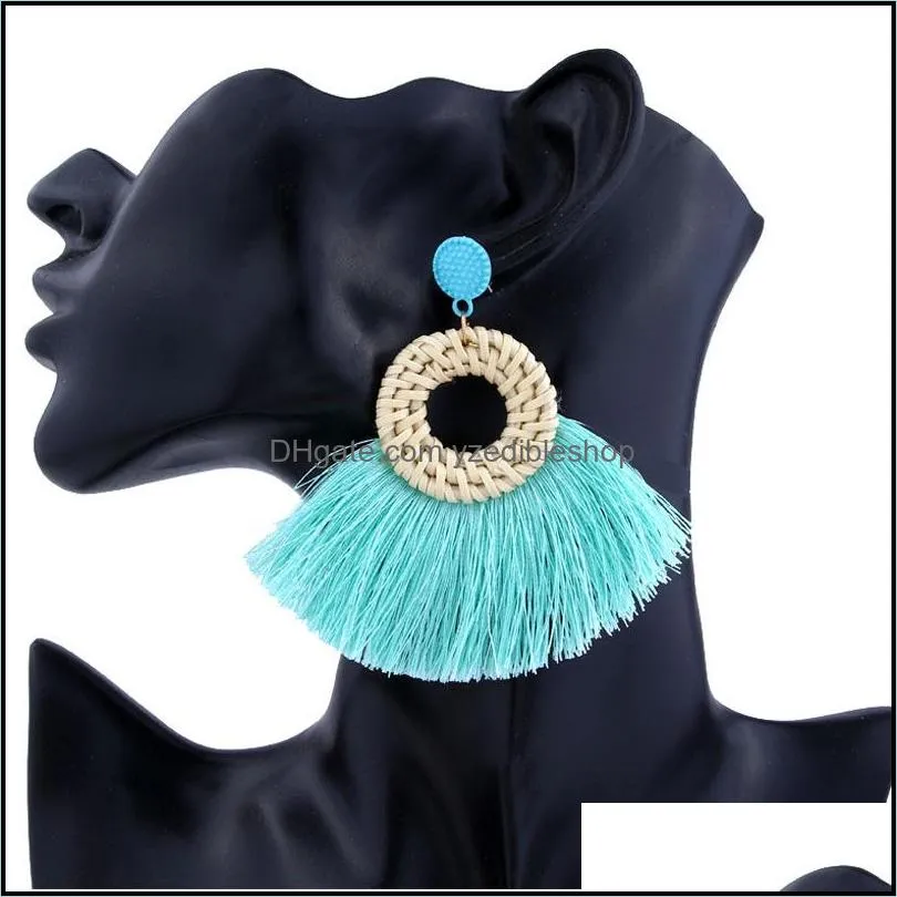 handmade circle straw tassel earring high quality fan shaped straw earrings for women woven rattan hoop fringe drop earring design