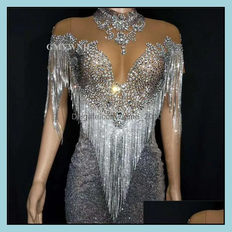 t94 ballroom dance stage costumes women perform rhinestones tassel dress crystal skirt singer wear outfit skinny clothe