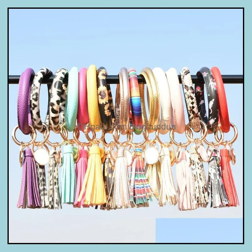 women tassels bracelets pu leather wrap key ring party leopard lily print keychain wristband sunflower drip oil circle bangle chains wristlet keyring for