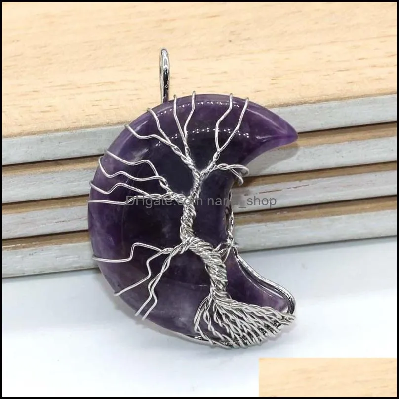 jln crescent moon shape wire wrapped life tree gemstone pendant amethyst tiger eye quartz stone charm with brass chain necklace gift