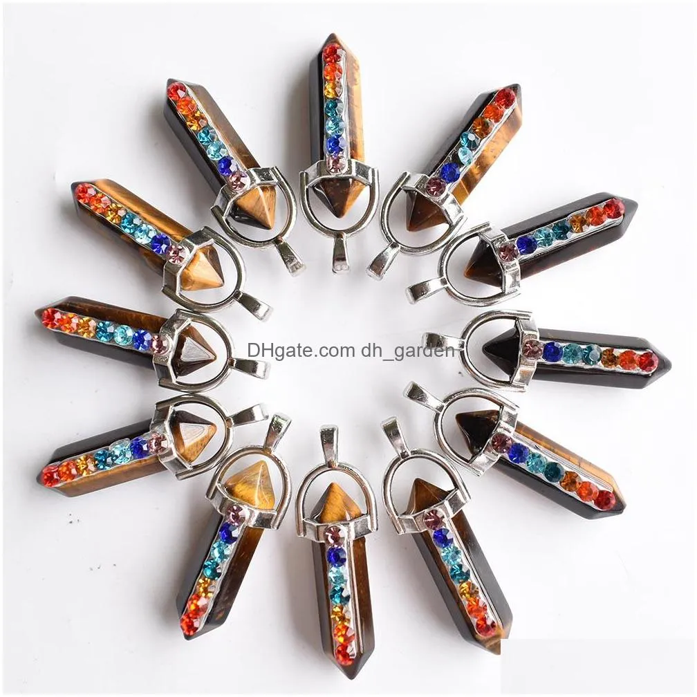 7 chakra rhinestone healing natural stone charms lapis tiger eye rose quartz pendant for diy jewelry making necklace accessories