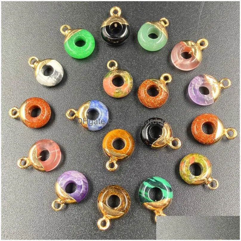 gilding round shape natural stone charms agate crystal turquoises jades opal stones pendant for jewelry making earrings necklace