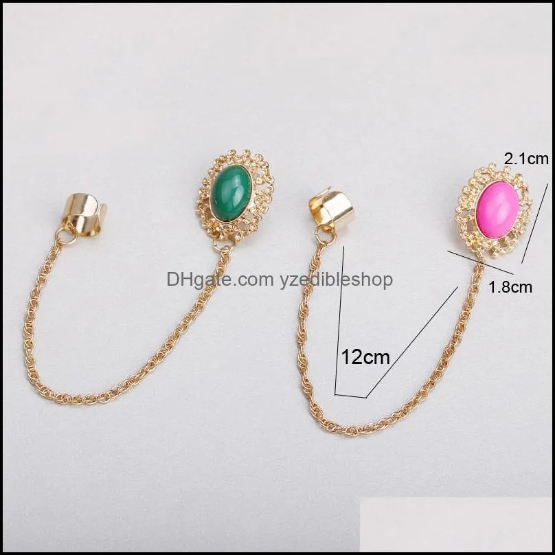 trendy tassel chain clip earrings fashion jewelry for women gold chain with green pink acrylic pendant cuff earring single ear jewelry