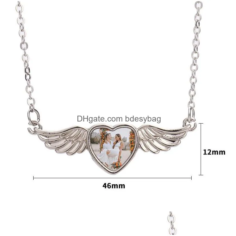 diy sublimation blank couples mens necklace designer jewelry love wing heart necklace woman party photo frame silver pendant necklaces for women souvenir