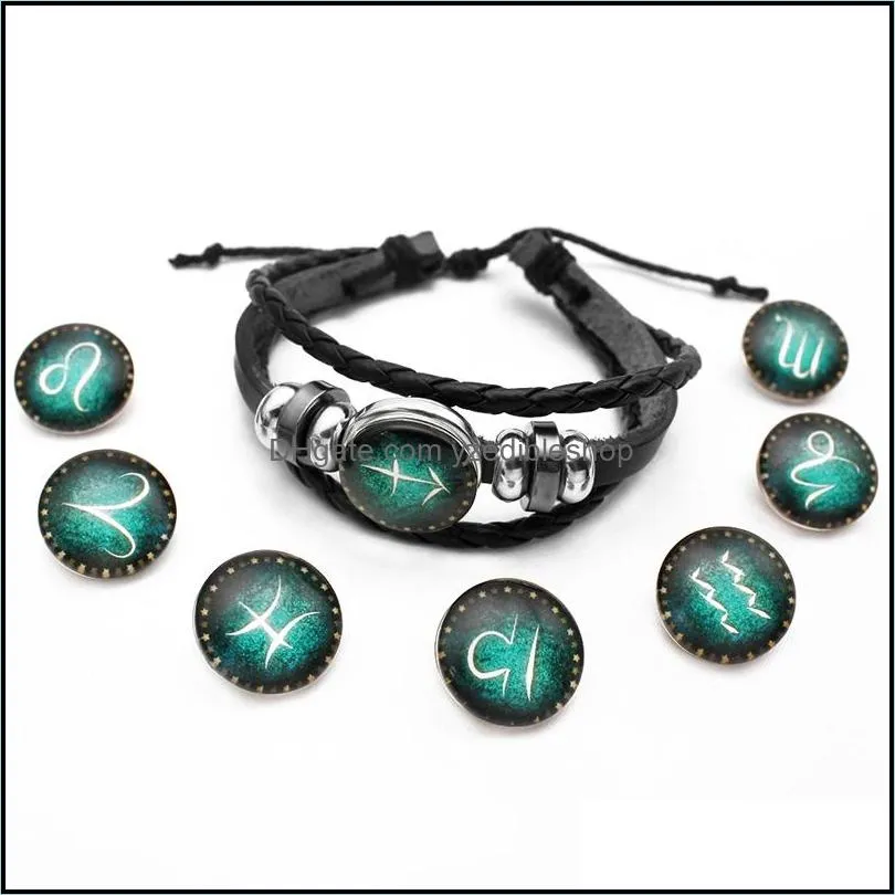 12 constellations multilayer bracelets glow in the dark diy handmade woven pu leather glass buckle zodiac braided bead bracelet lovers