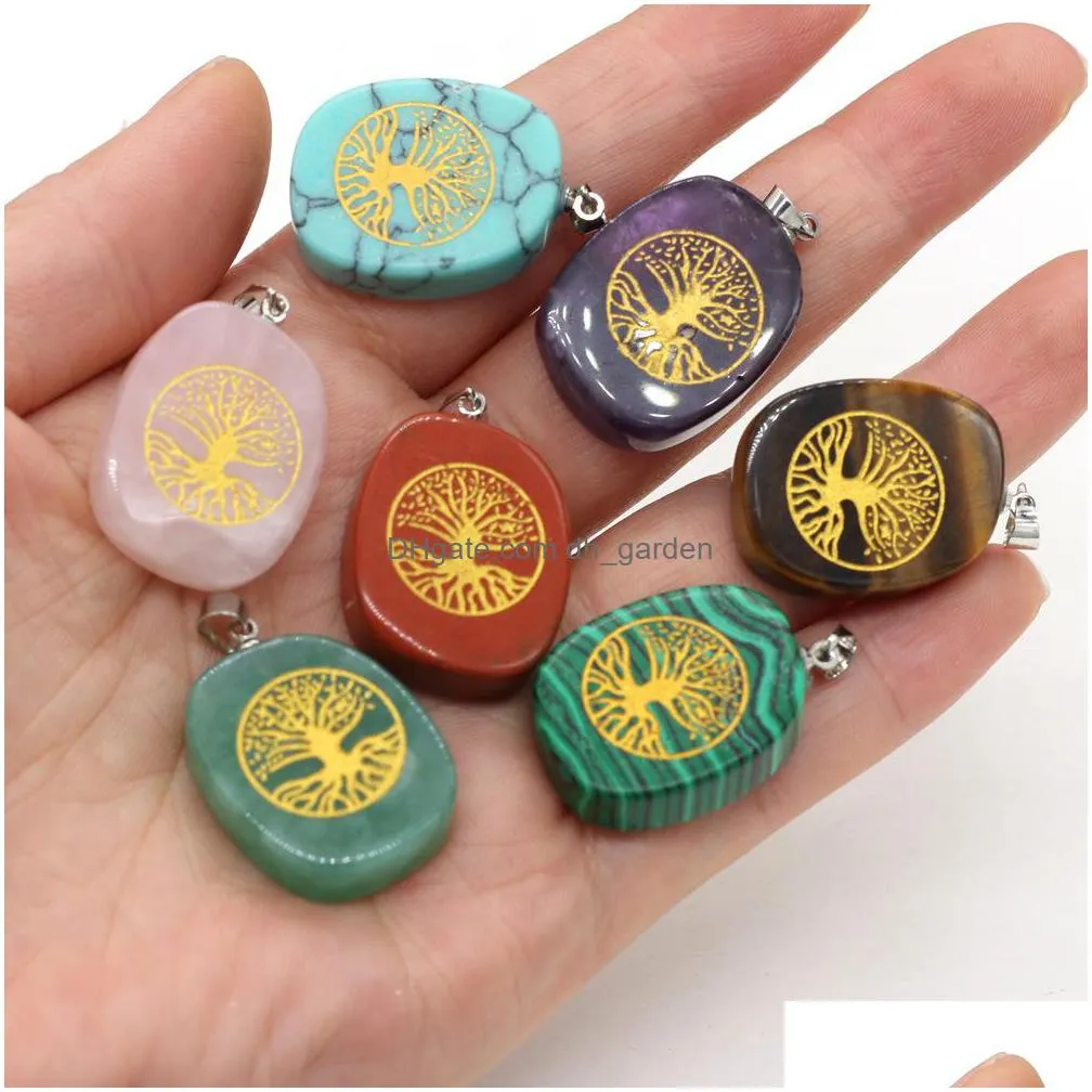 natural stone square charms reiki healing gold tree of life symbol crystal turquoises rose quartz stones pendant for jewelry making necklace