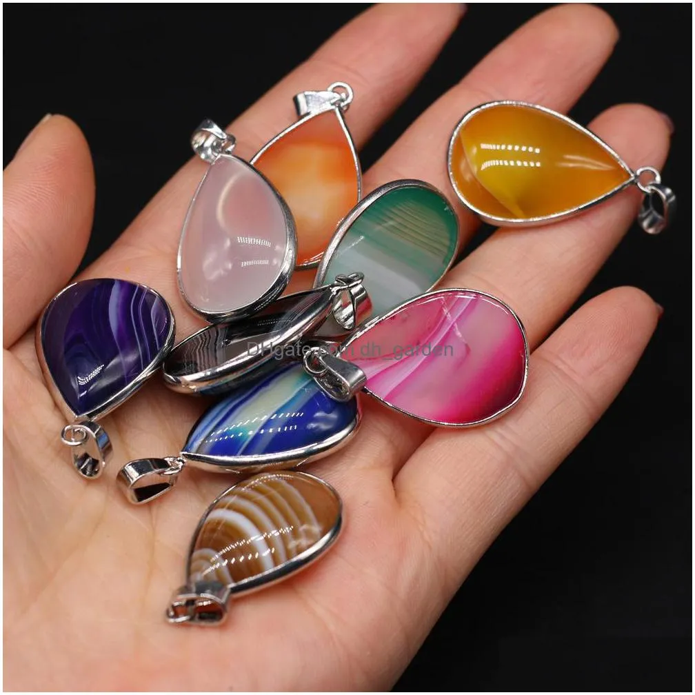 fashion stripe agate stone charms waterdrop silver color edged pendant diy for bracelet necklace earrings jewelry making 20x30mm